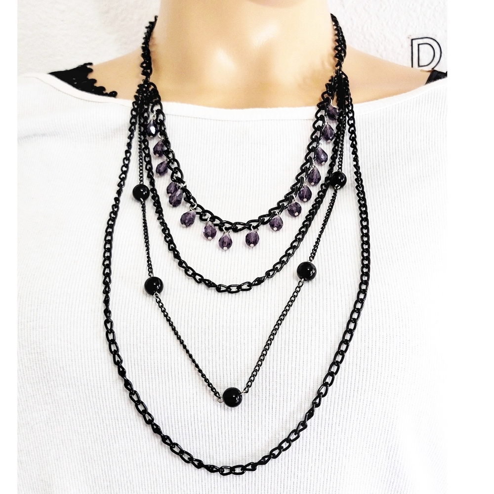247N340 Black and Purple Beaded Necklace 4 Strands